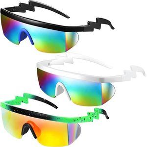 3Pairs Neon Retro Semi Rimless Sunglasses 80s 90s Zigzag Sunglasses Lens Rainbow